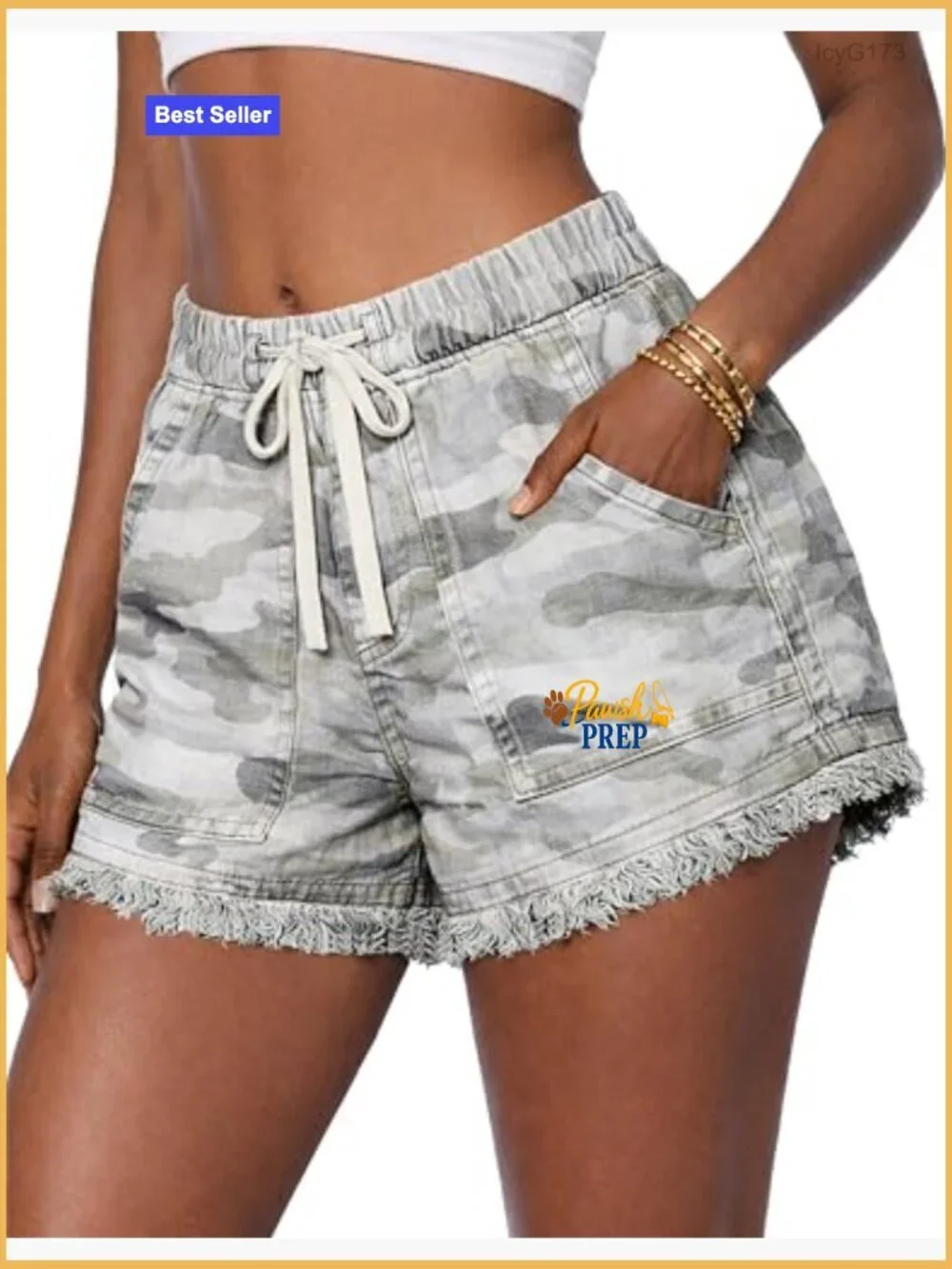High Waisted Denim Shorts with Drawstring Fringe Hem and Pockets